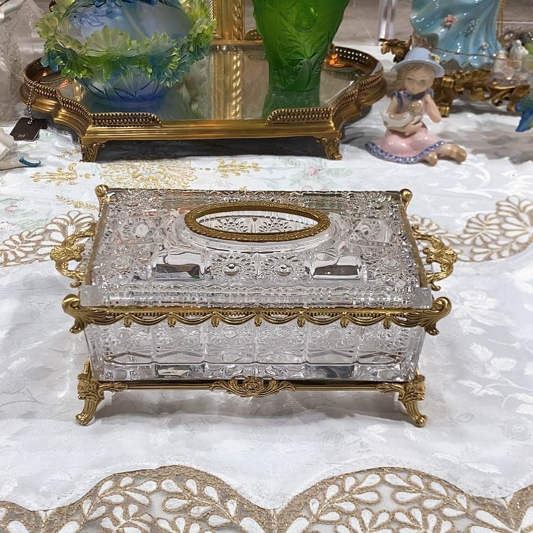 摆件D4315捷克水晶配铜纸巾盒