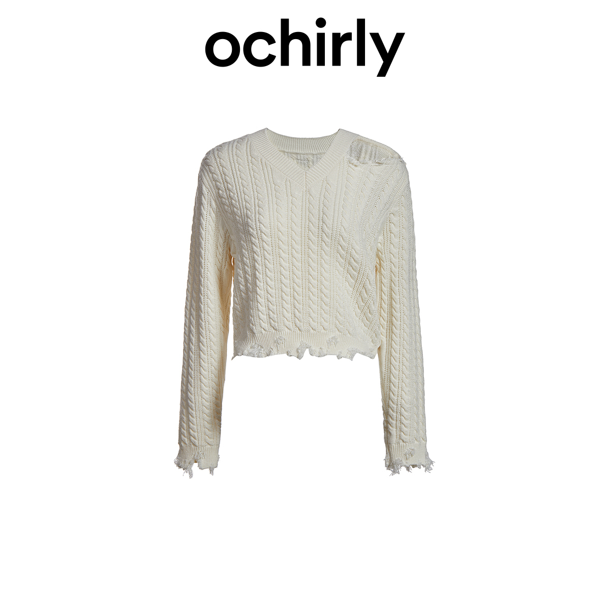 五五羊毛宽松毛衣女 ochirly欧时力新款春装上衣磨边复古V领