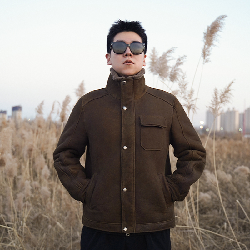 25028男款皮毛一体复古水洗做旧工艺保暖皮草休闲皮毛一体男款