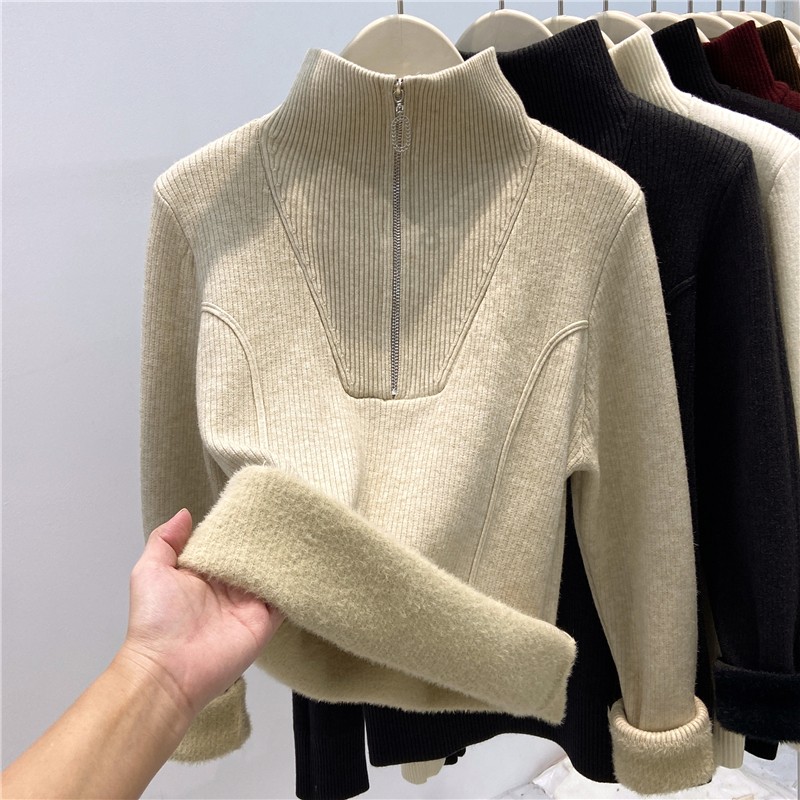 加绒加厚2025新款一体绒毛衣女秋冬装拉链半高领保暖打底内搭上衣
