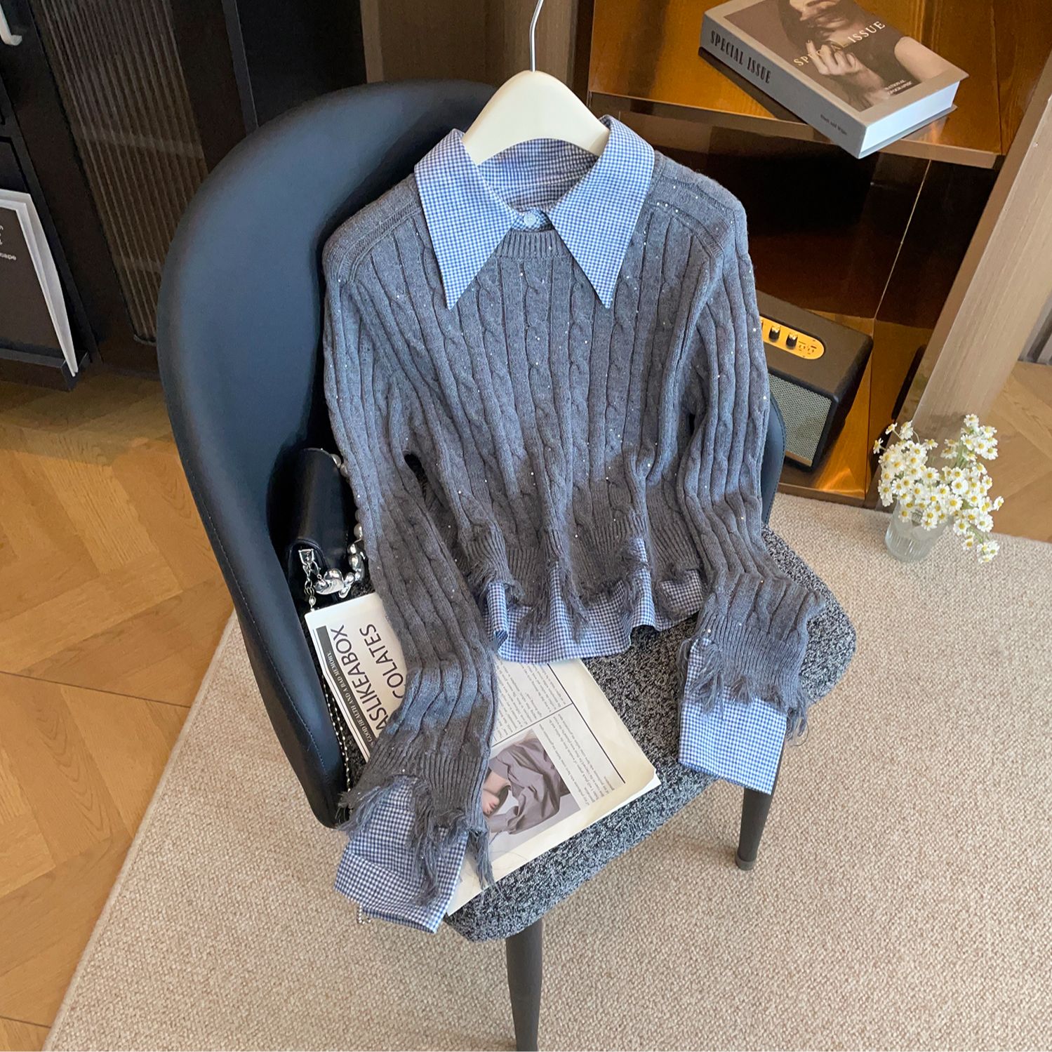 灰色假两件针织开衫女小个子的学院风针织衫MAU2216