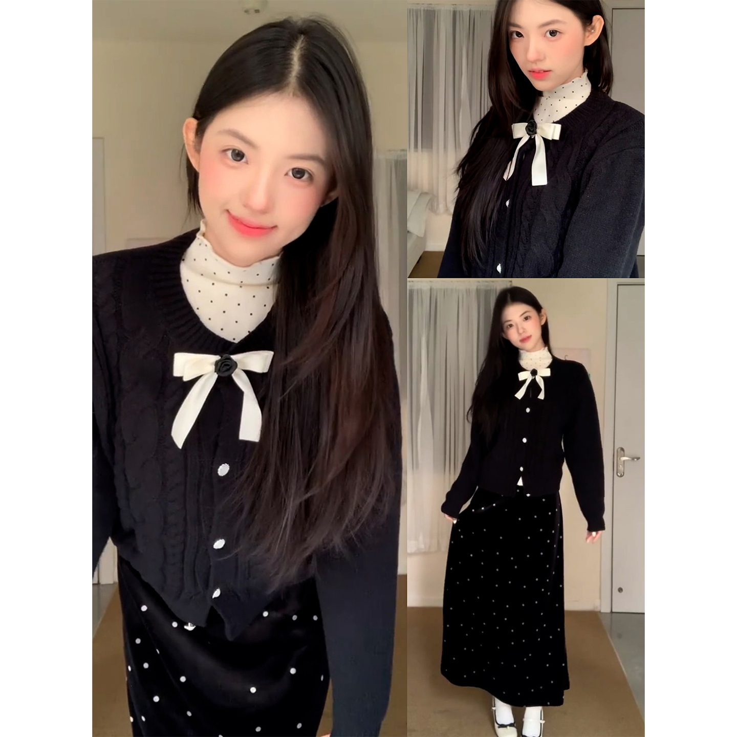 2025新款韩系蝴蝶结针织毛衣叠穿连衣裙子女秋冬穿搭一整套装长裙