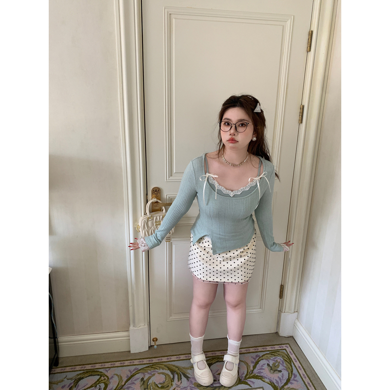 巨鹿工作室微胖 初代甜妹/薄荷绿蝴蝶结设计感上衣纯欲内搭针织衫