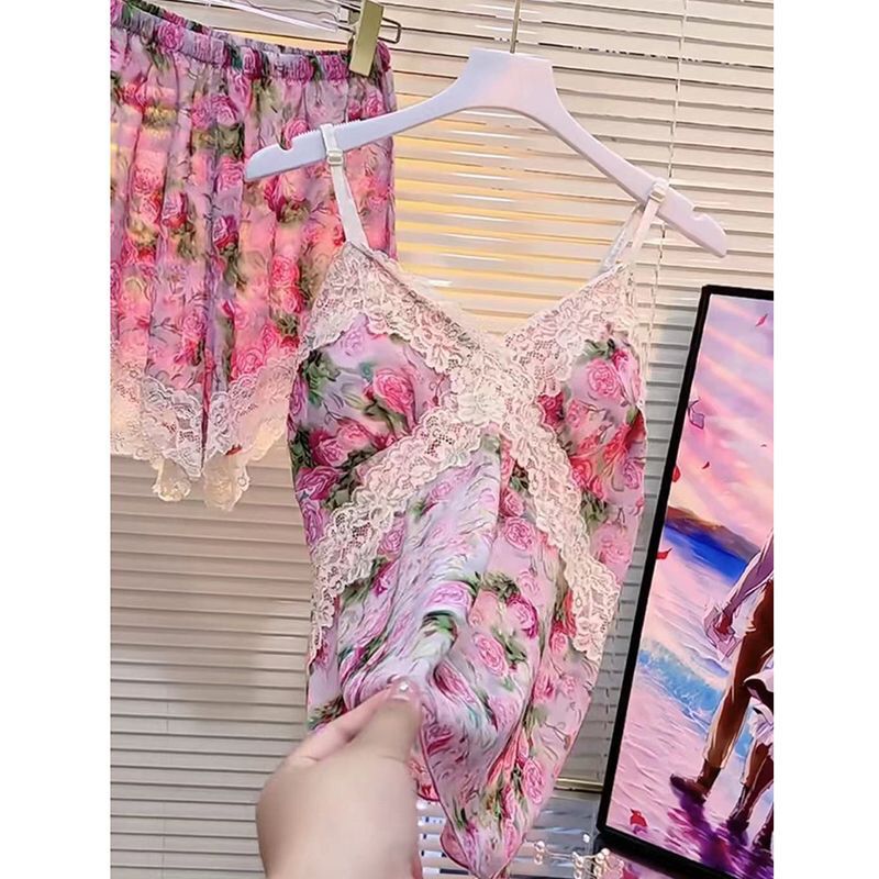 家居服套装夏季薄款上衣无袖时尚碎花睡衣性感镂空
