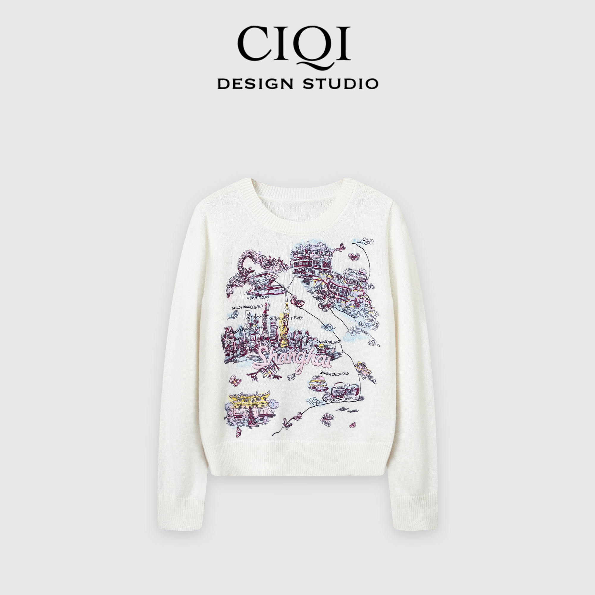 CIQI STUDIO【心动上海】羊毛万针刺绣圆领时尚修身针织衫DY251008