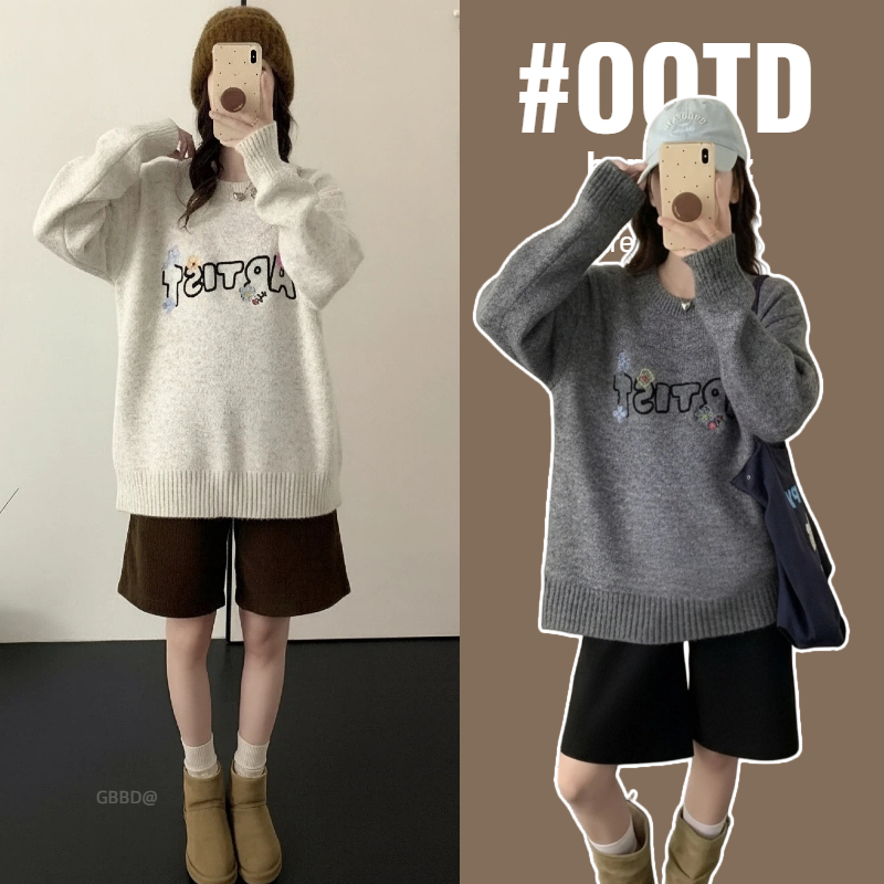 2025孕妇装字母刺绣圆领套头毛衣秋冬款时尚宽松减龄针织衫上衣