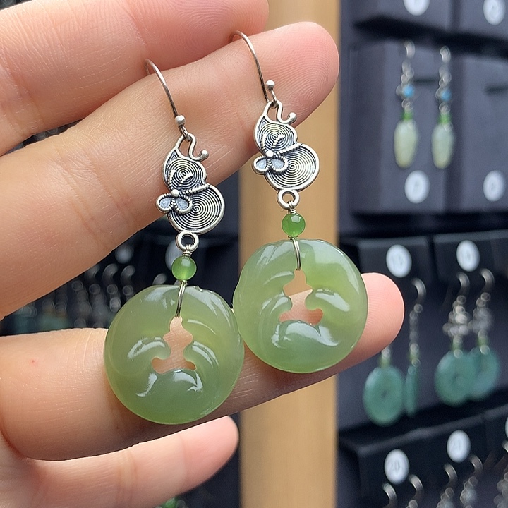 和田玉耳饰银S925镶嵌