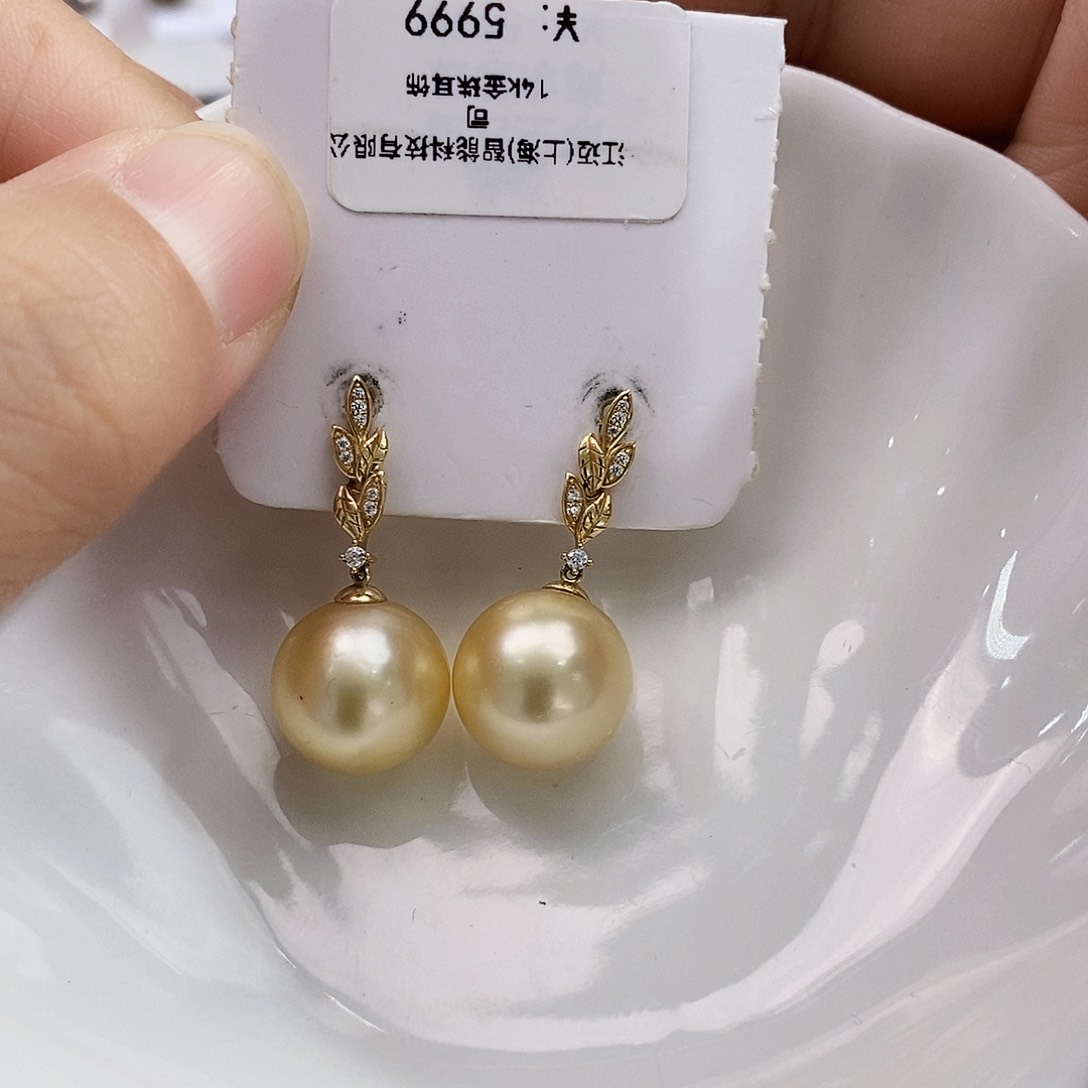 18K金镶嵌特价5A南洋金珠正圆老货耳饰海水珍珠