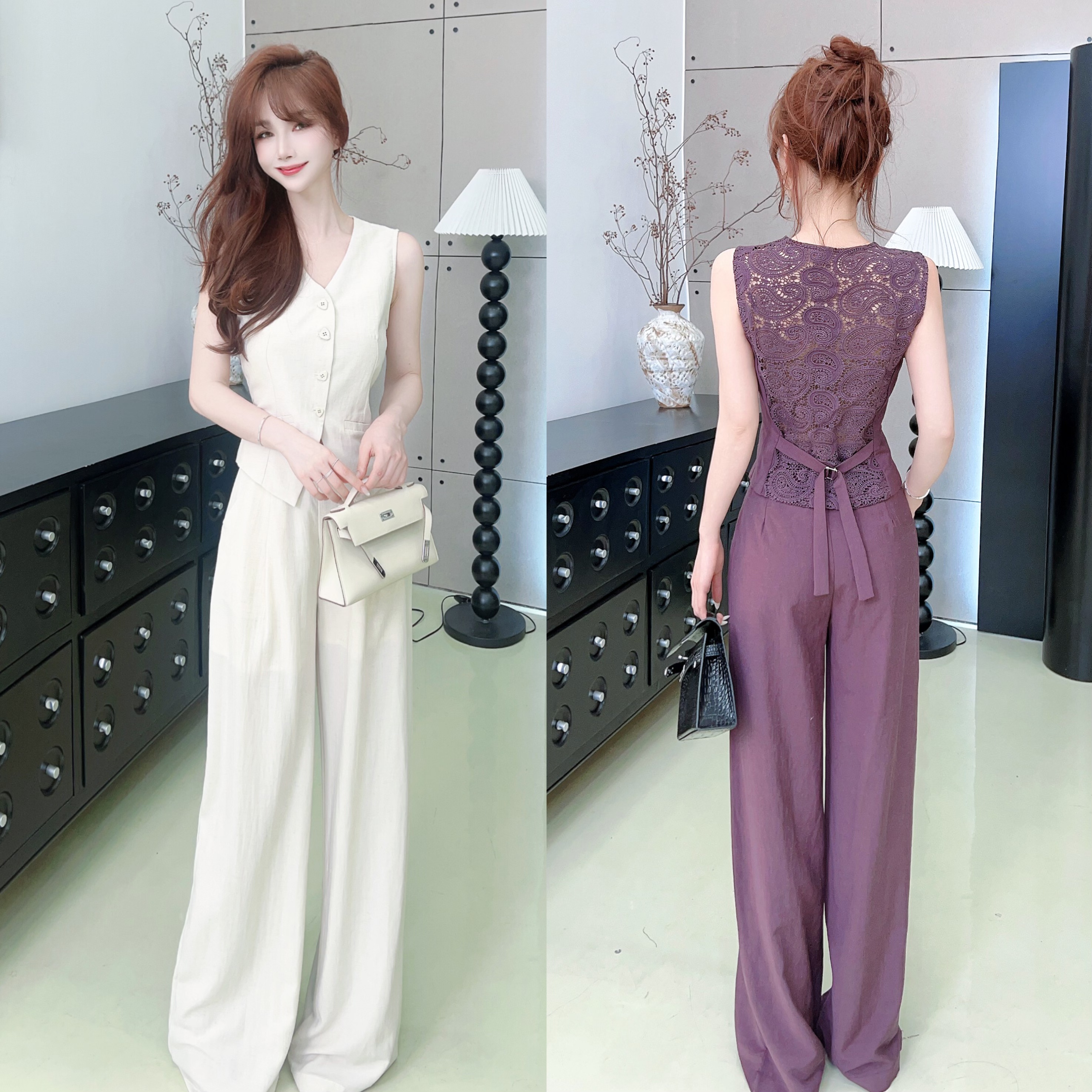《通勤老钱风》轻薄麻料拼接蕾丝小马甲➕西裤套装