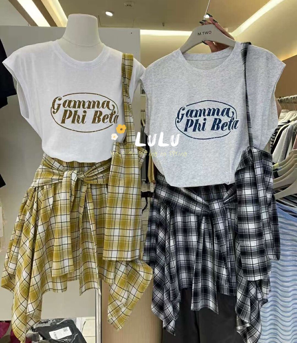 （beta格格三件套）夏款飞袖短袖T恤+不规则格子裙+挎包三件套C680