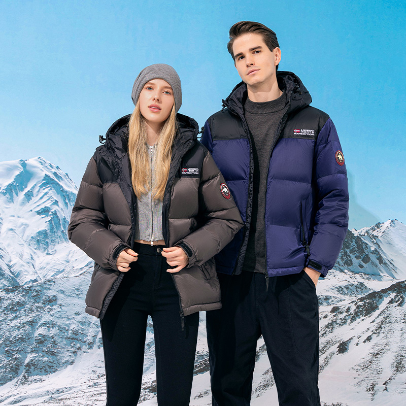 (高端拼色连帽羽绒服)冬季时尚撞色加厚保暖情侣款羽绒服W