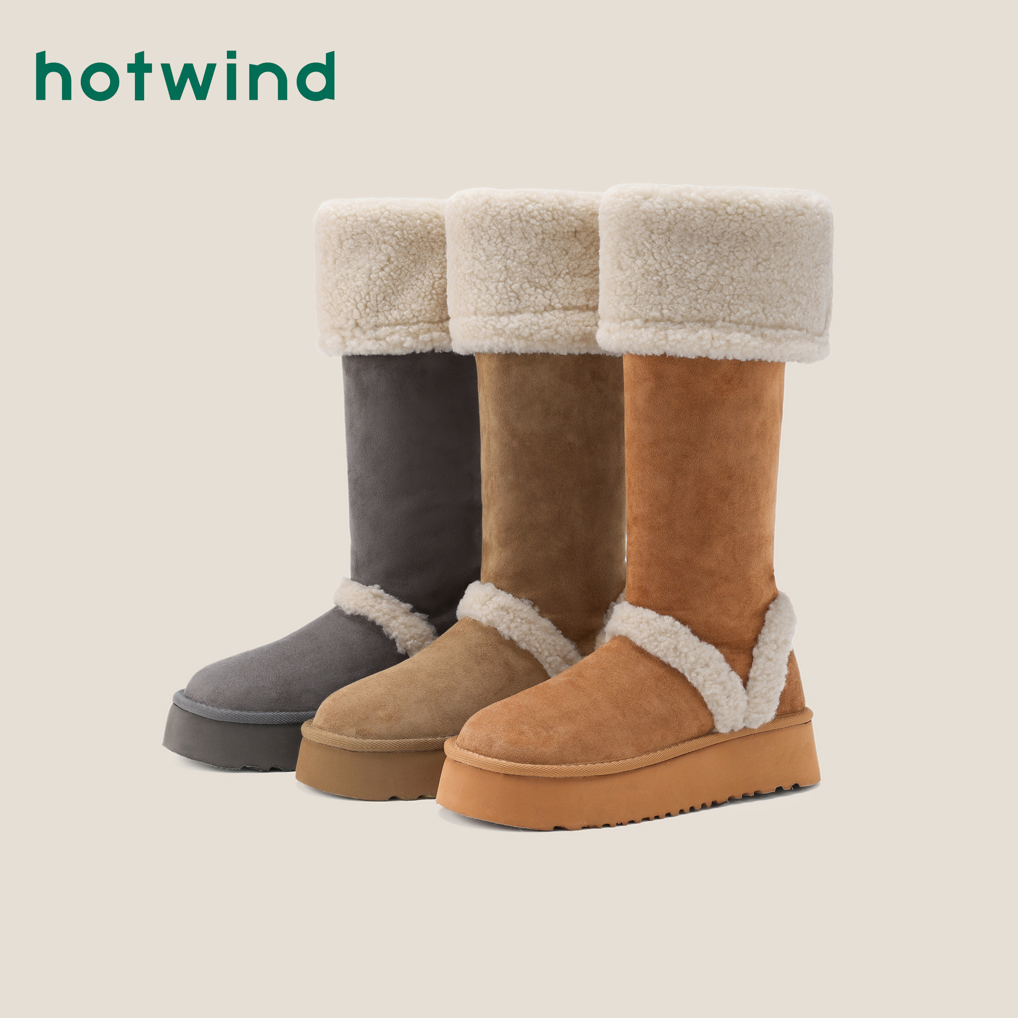 Hotwind/热风2025冬季新款复古百搭高筒雪地靴加绒保暖韩系棉靴女