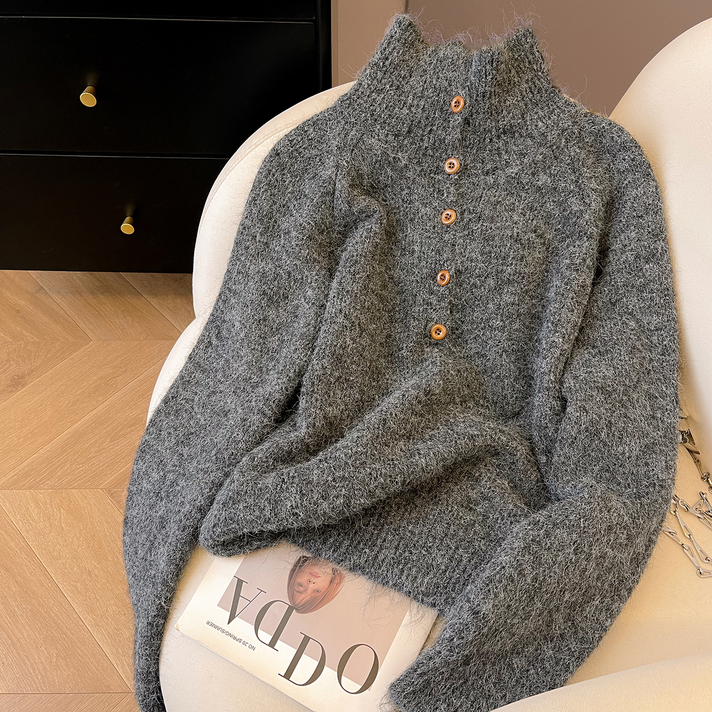 小C家 半排扣高领毛衣女款2025新款冬季韩系宽松套头软糯针织上衣