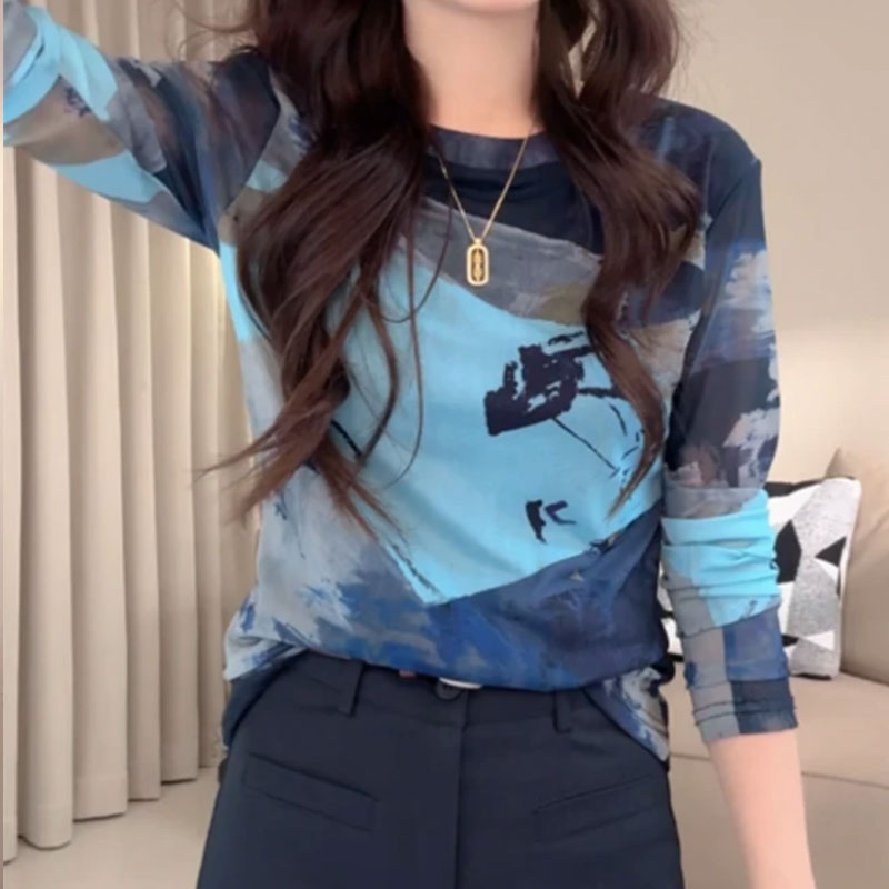 网纱薄款水墨画印花百搭撞色长袖T恤女韩版修身显瘦打底衫上衣ins