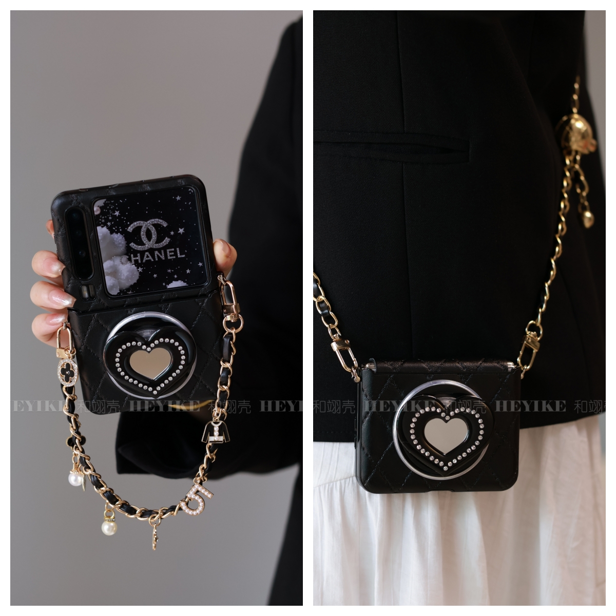 黑色小香风镜面磁吸适用华为purax手机壳magicvflip2支架pocket2