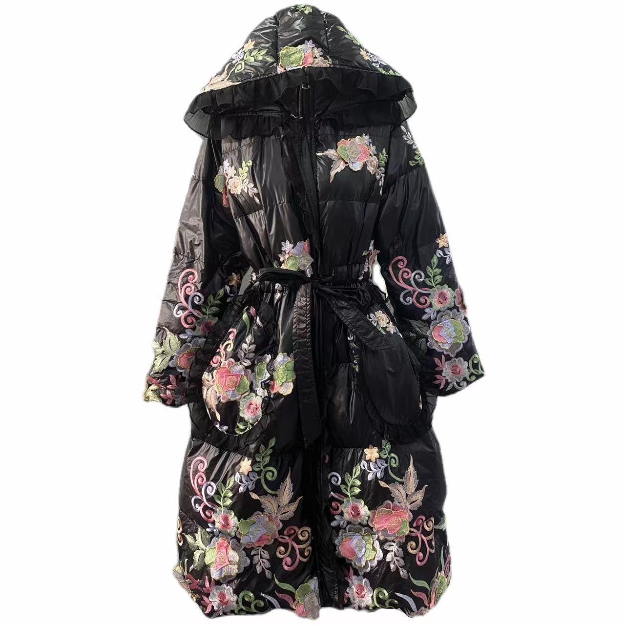 2025加厚白【含香花】新款冬装棉服外套刺绣过膝刺绣外