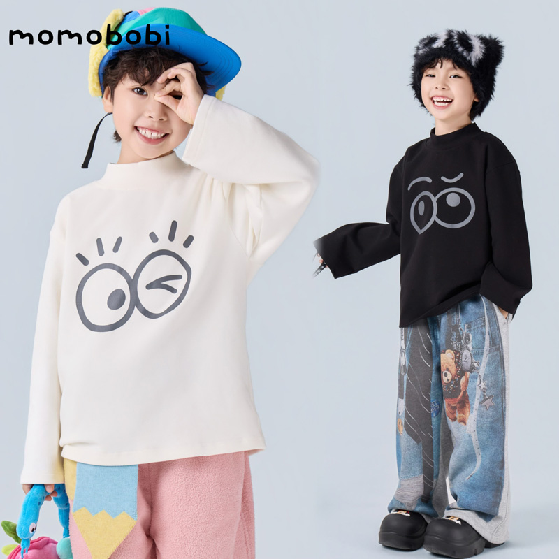 momobobi自制儿童打底衫韩版个性大眼睛印花小高领上衣百搭上衣潮