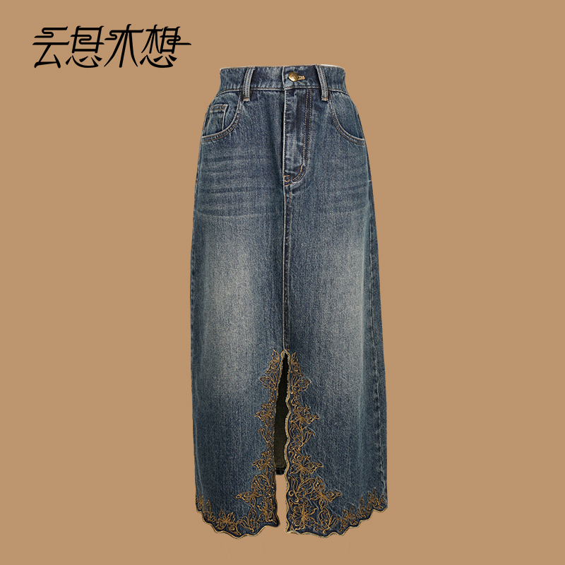 Ysimo-X云思木想 壁观蝶影 绣花前开叉后腰橡筋牛仔半身裙13699