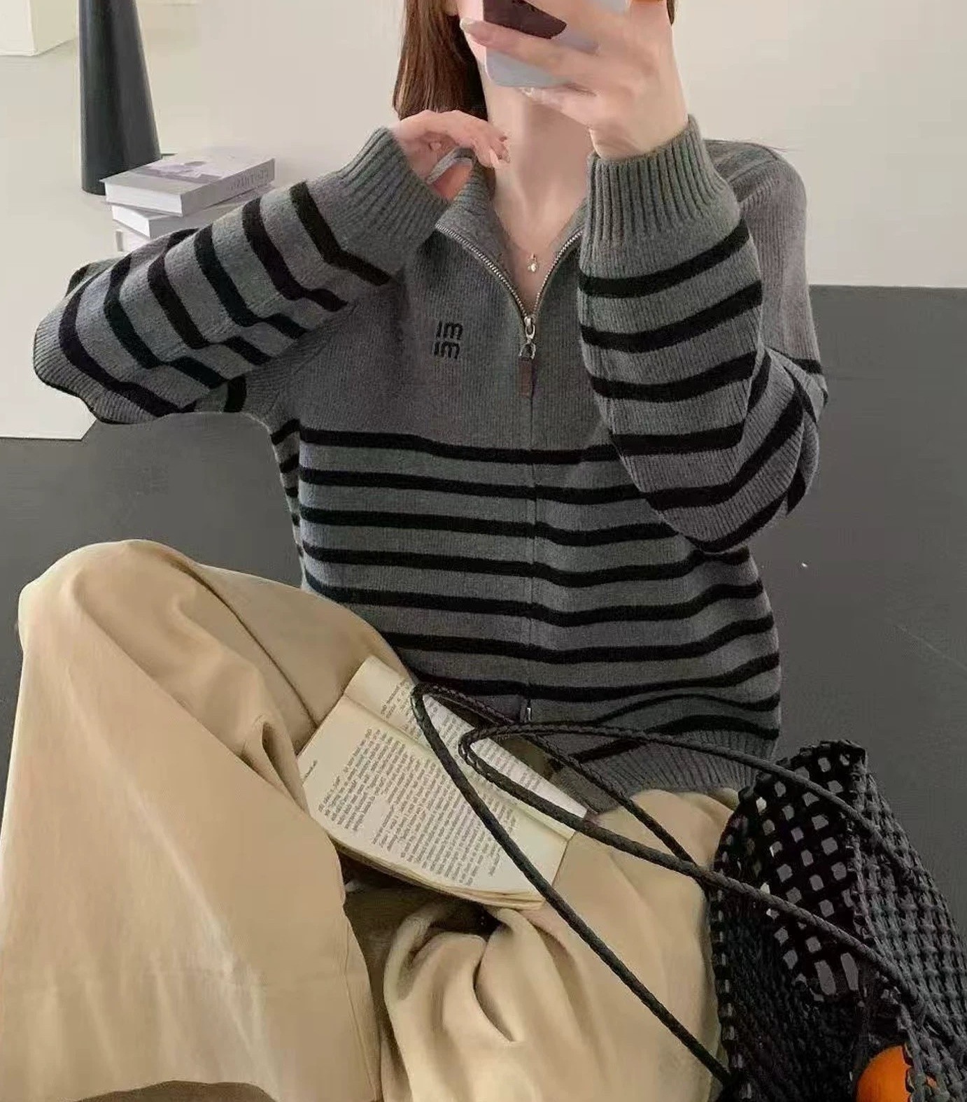 03599-2-CQ灰色条纹双拉链针织衫（80-135）