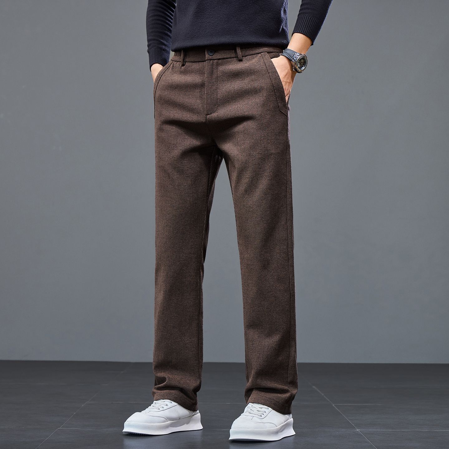 秋冬男士华夫格[可选加绒]商务百搭男裤宽松 弹力长裤直筒裤子602