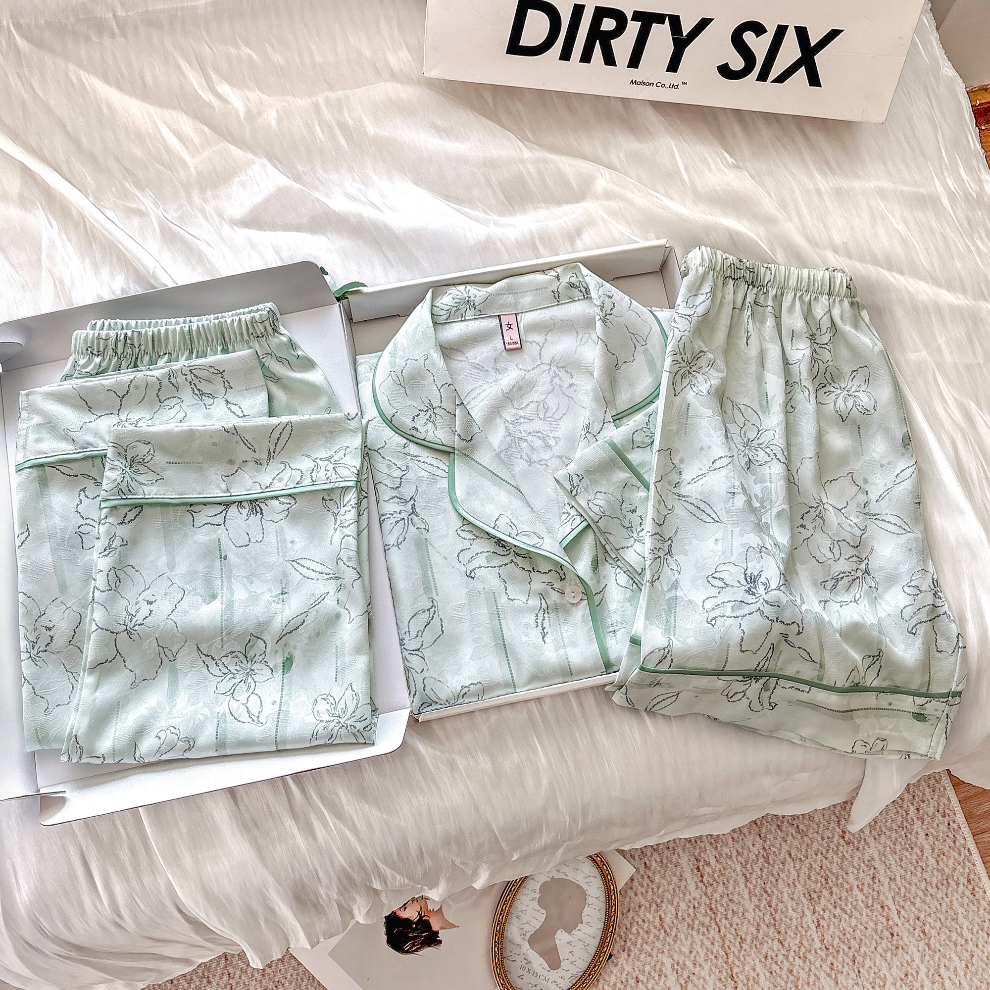 达芬奇密码女睡衣薄荷白兰三件套2025高级睡衣新款夏大码短袖外穿