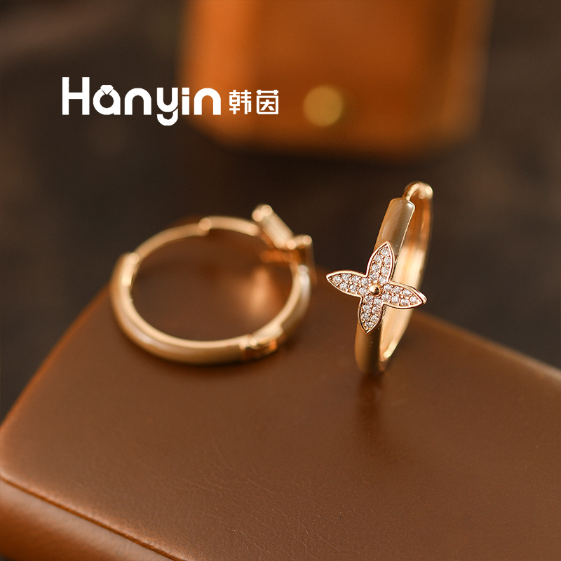 铜合金合成锆石耳饰 3cm高定AB款老驴尖花四叶草耳环AAA