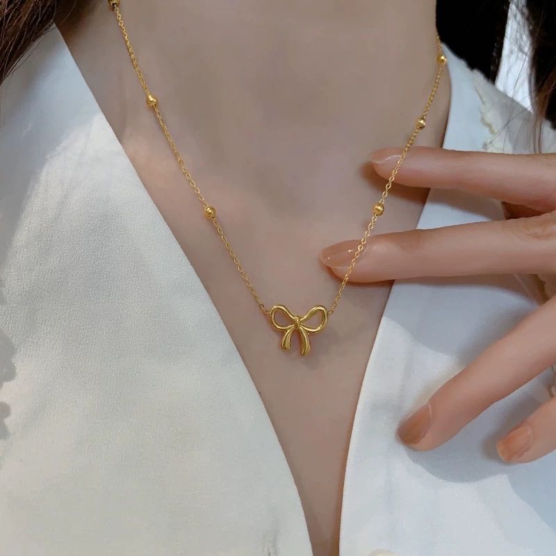 钛钢项链 钛钢【洗澡不用摘】新款周家同款ins钛钢金色蝴蝶结珠珠项