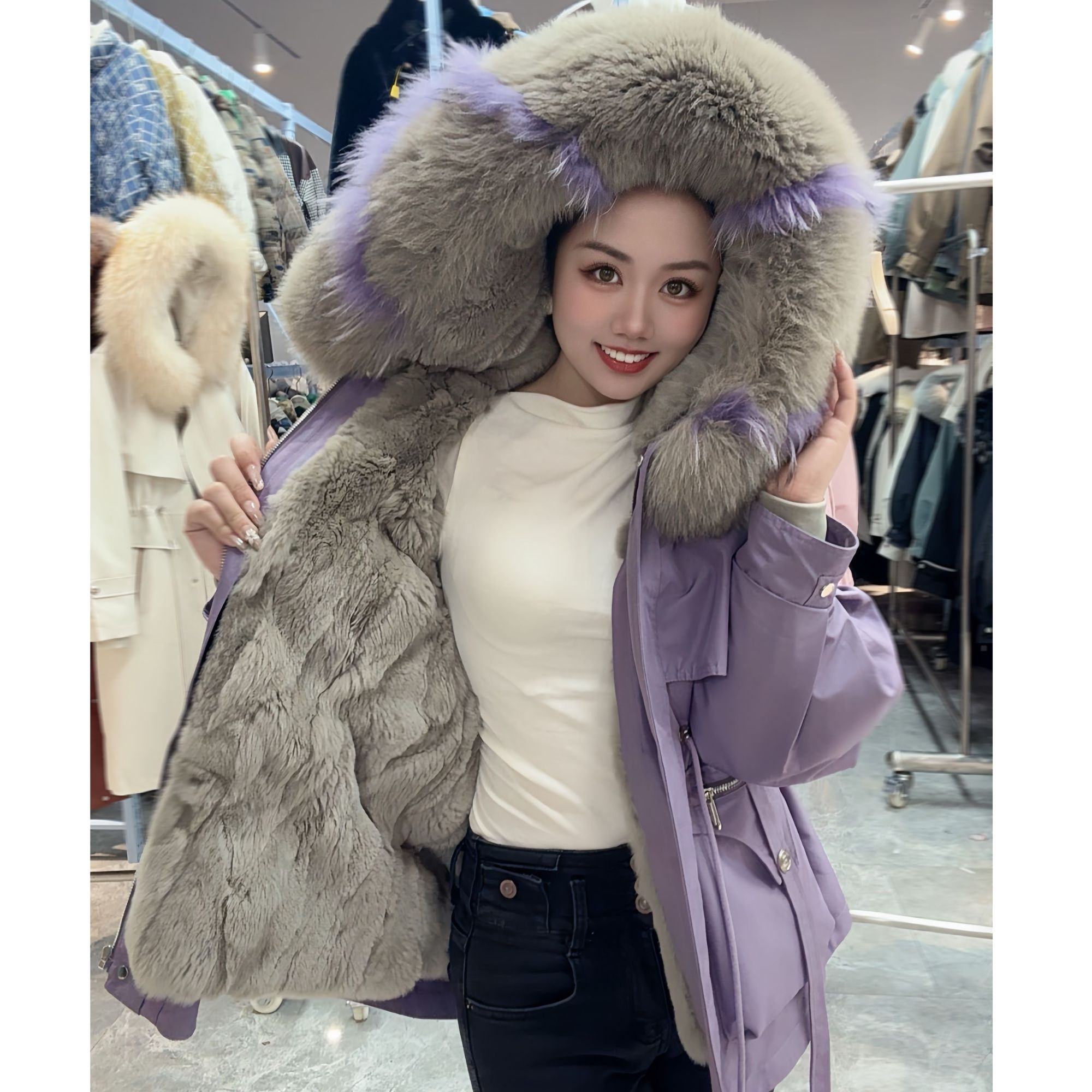 【小狐仙】高端獭兔毛皮内胆一衣两穿收腰显瘦冬季女士派克服