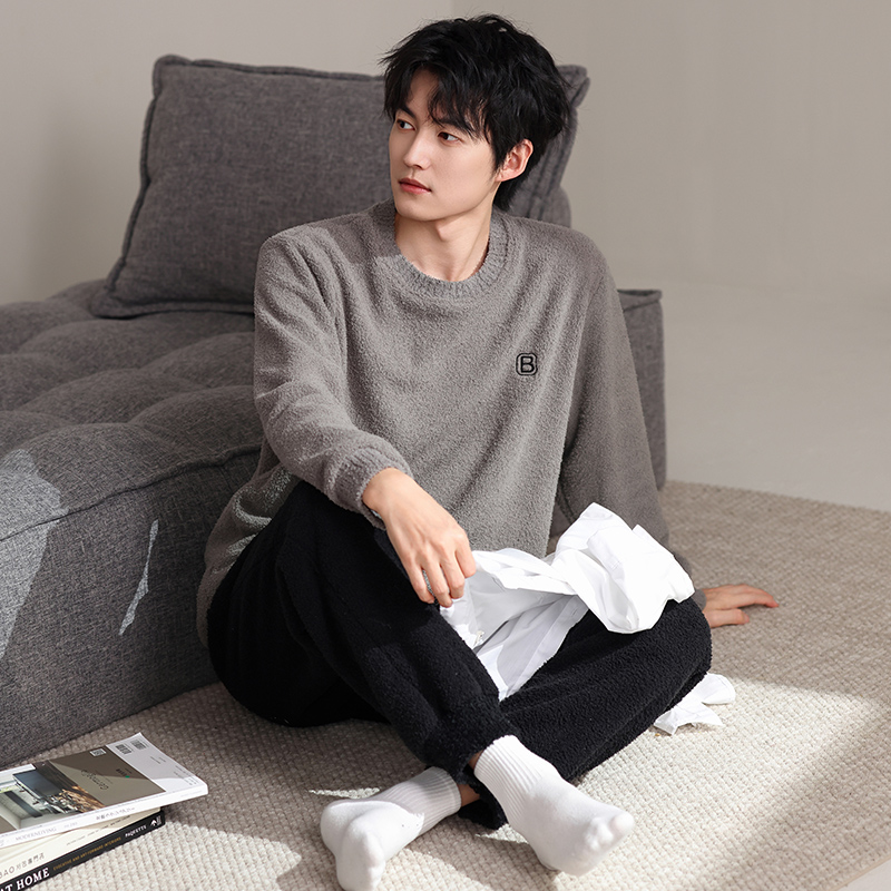 半边绒睡衣男秋冬款珊瑚绒加厚加绒可外穿长袖保暖男士家居服套装