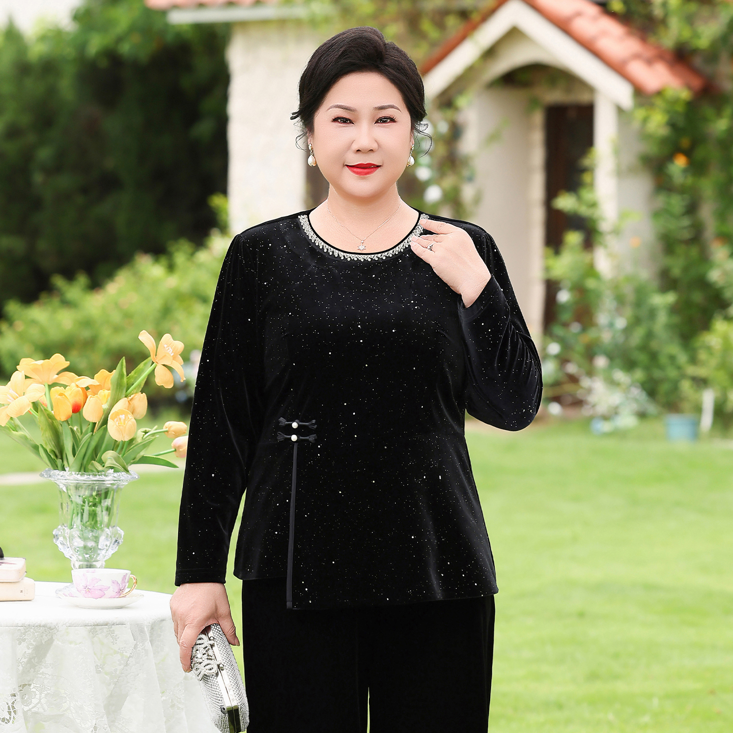 高贵气质套装金丝绒洋气妈妈装中老年女装国风新中式设计感两件套