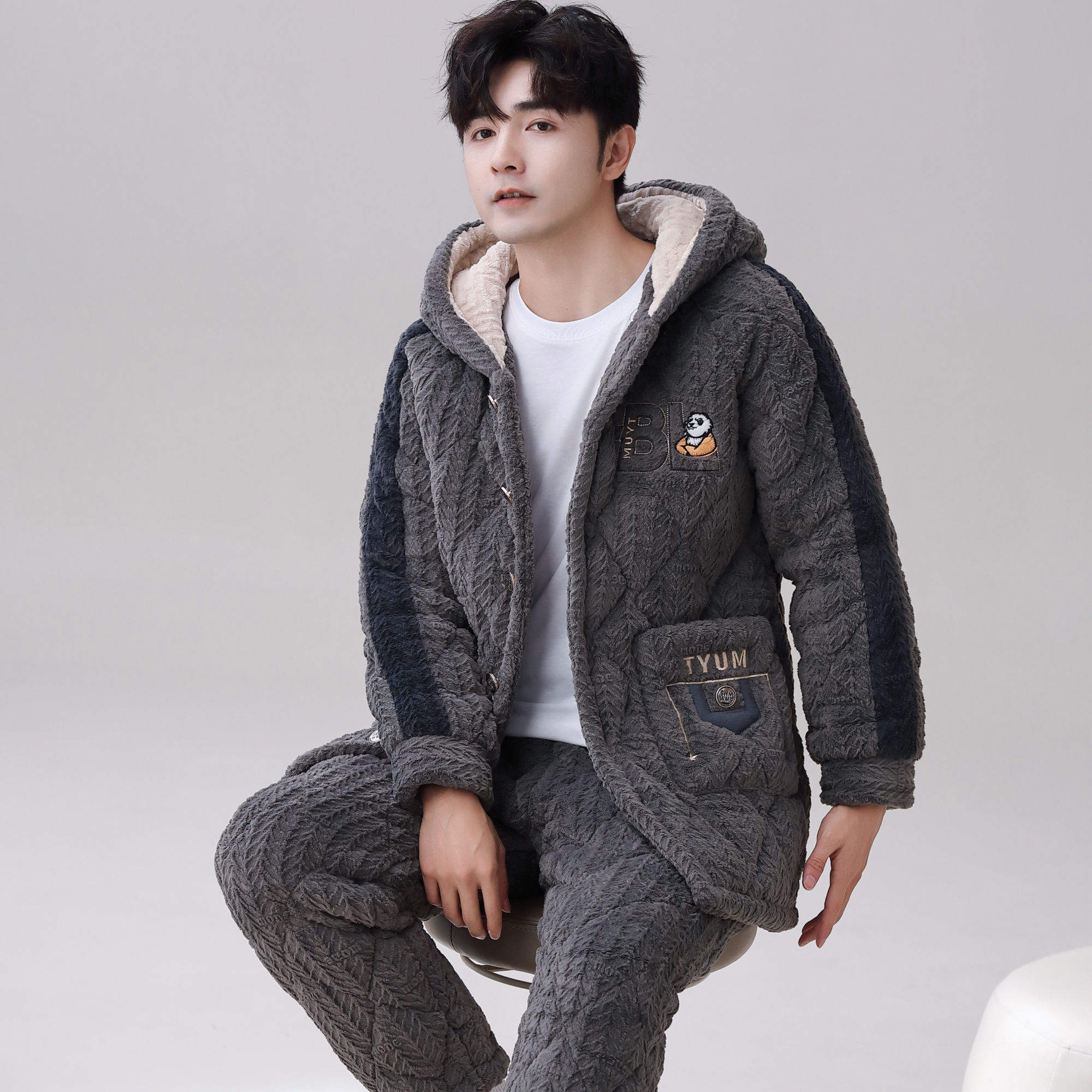 2025新款男士睡衣秋冬季加厚加绒中长款三层夹棉保暖冬款天家居服