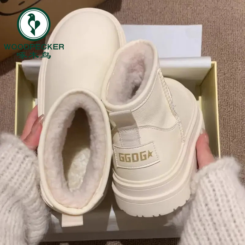 啄木鸟加绒加厚防水大棉鞋2025冬季新款爆款短筒马丁靴厚底白色雪