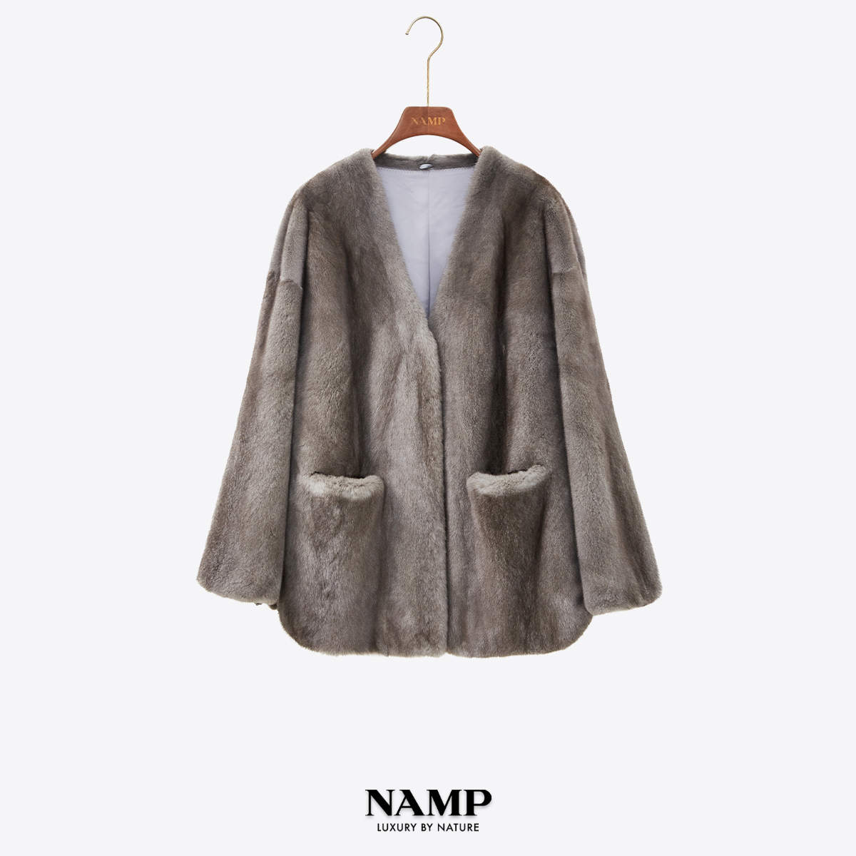 NAMP两侧开叉长袖口袋V领宽松中长款 天鹅绒短二水貂毛皮草外套女