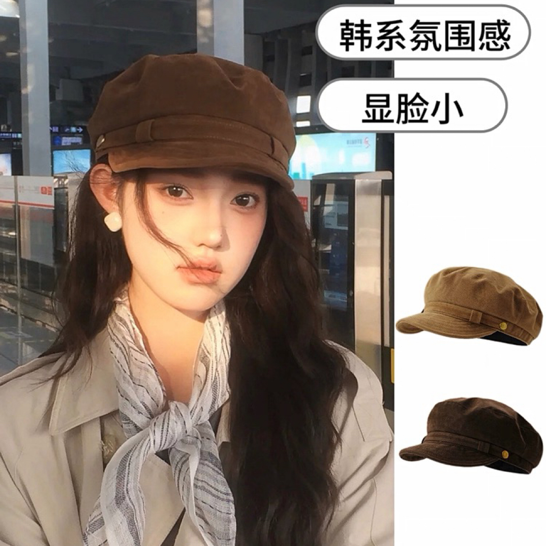 美式复古麂皮绒报童帽女秋冬英伦风八角帽法式小众搭风衣平顶帽子