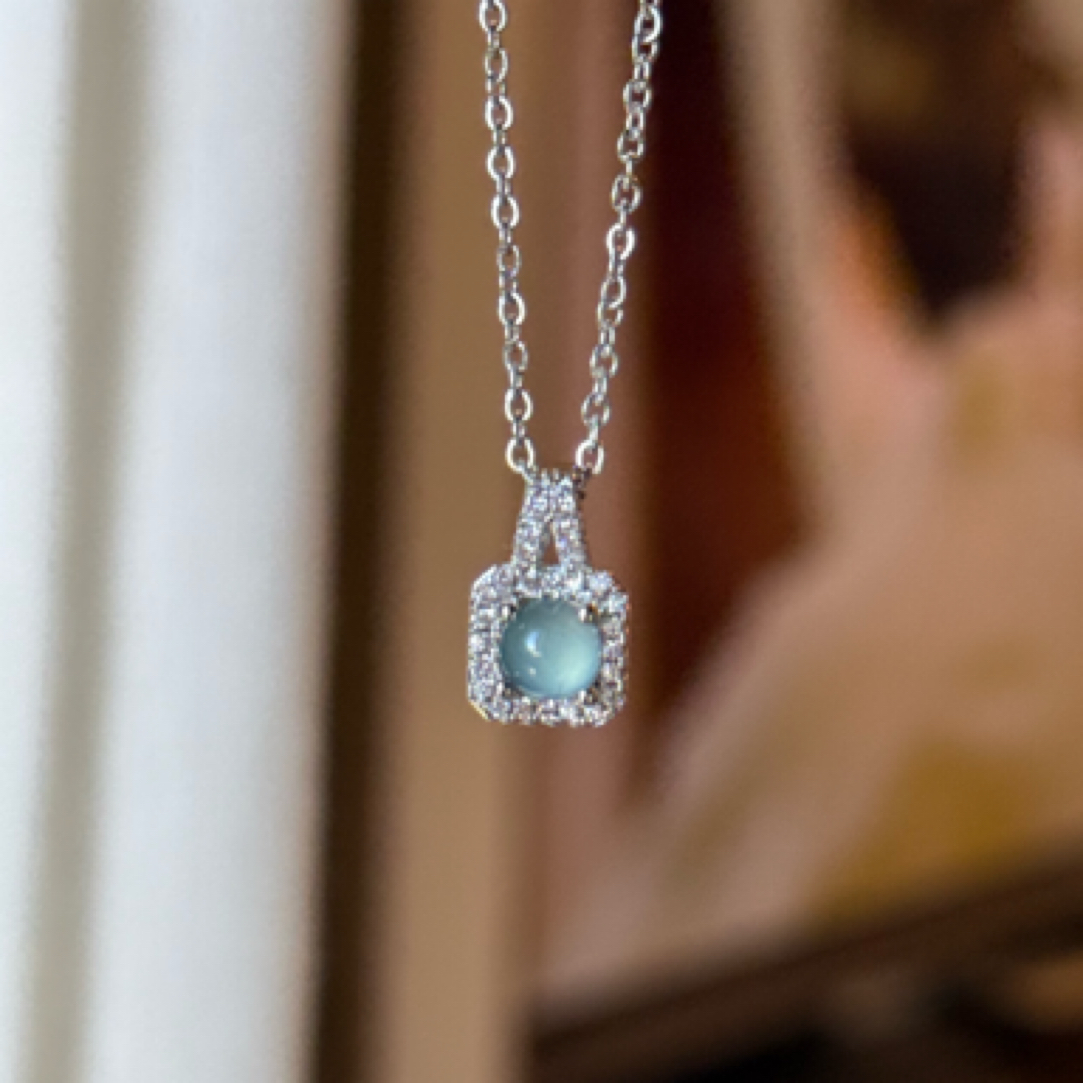 铜合金合成锆石项链 小方糖蓝水小项链锁骨链