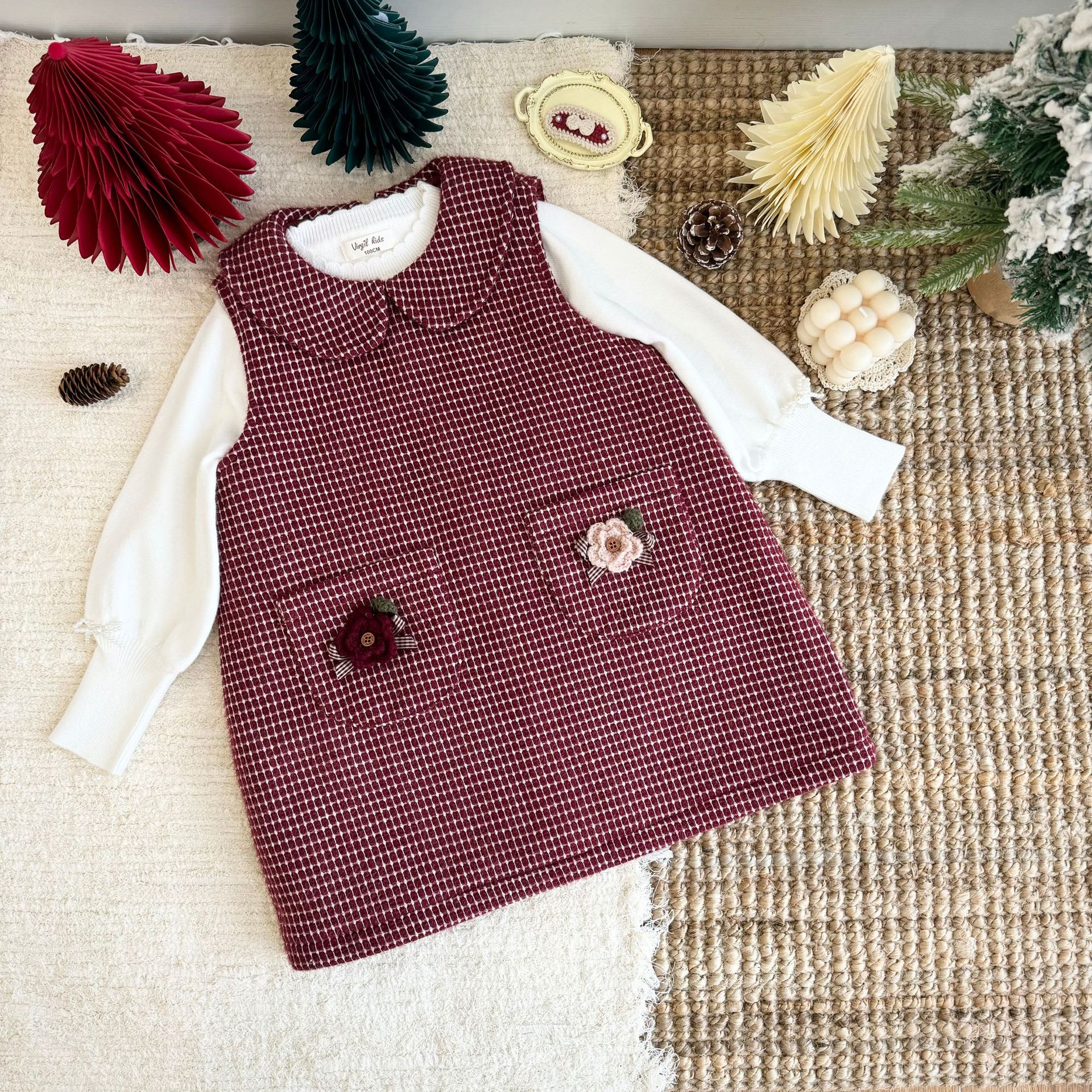 【微风童话】中童女童毛呢格子背心裙加厚夹棉红色格子背心裙