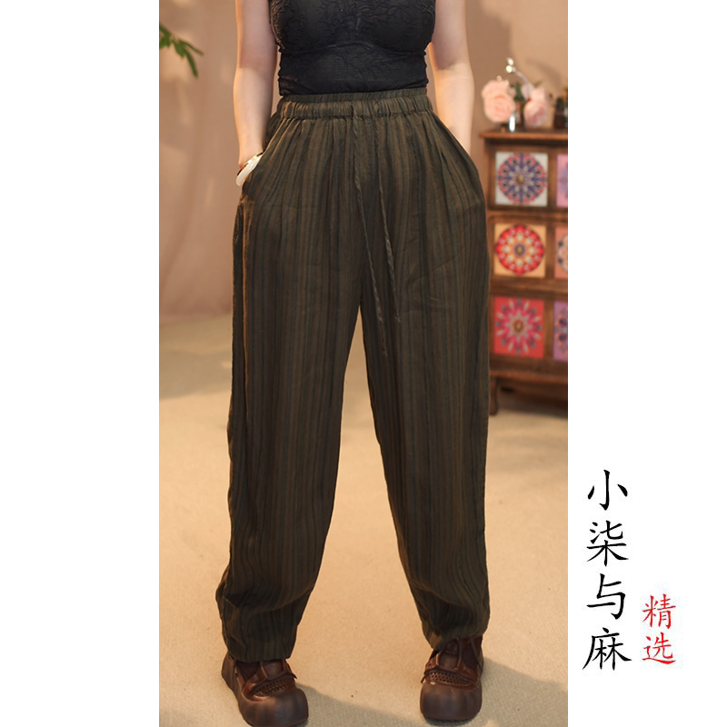 【小柒与麻】100%色织亚麻夏季松紧腰老爹裤（裤长95臀围136） 