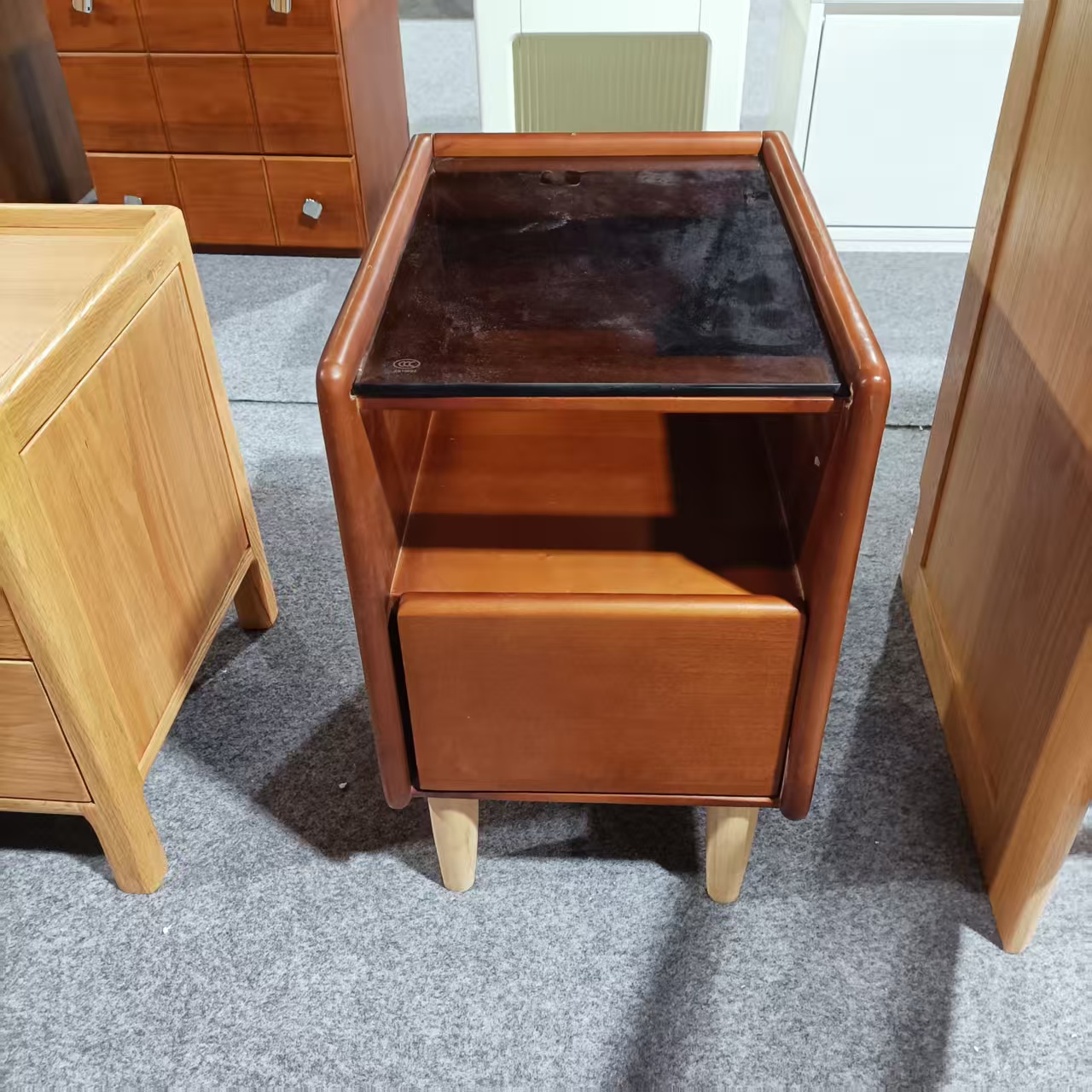 300*400*480MM瑕疵款杨木实木柚木色窄床头柜中古风风格