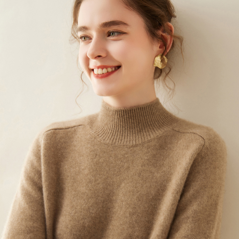 鄂尔多斯市冬季半高领纯色羊绒衫女士双股加厚宽松针织内搭打底衫