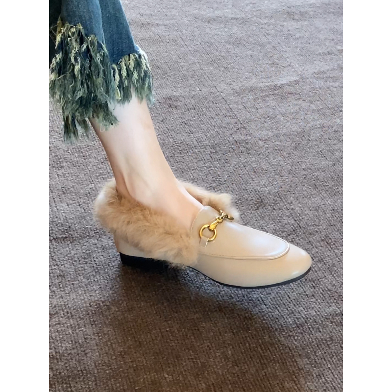 La'ureltree 时尚外穿毛毛鞋女马衔扣豆豆鞋兔毛乐福鞋舒适平底鞋
