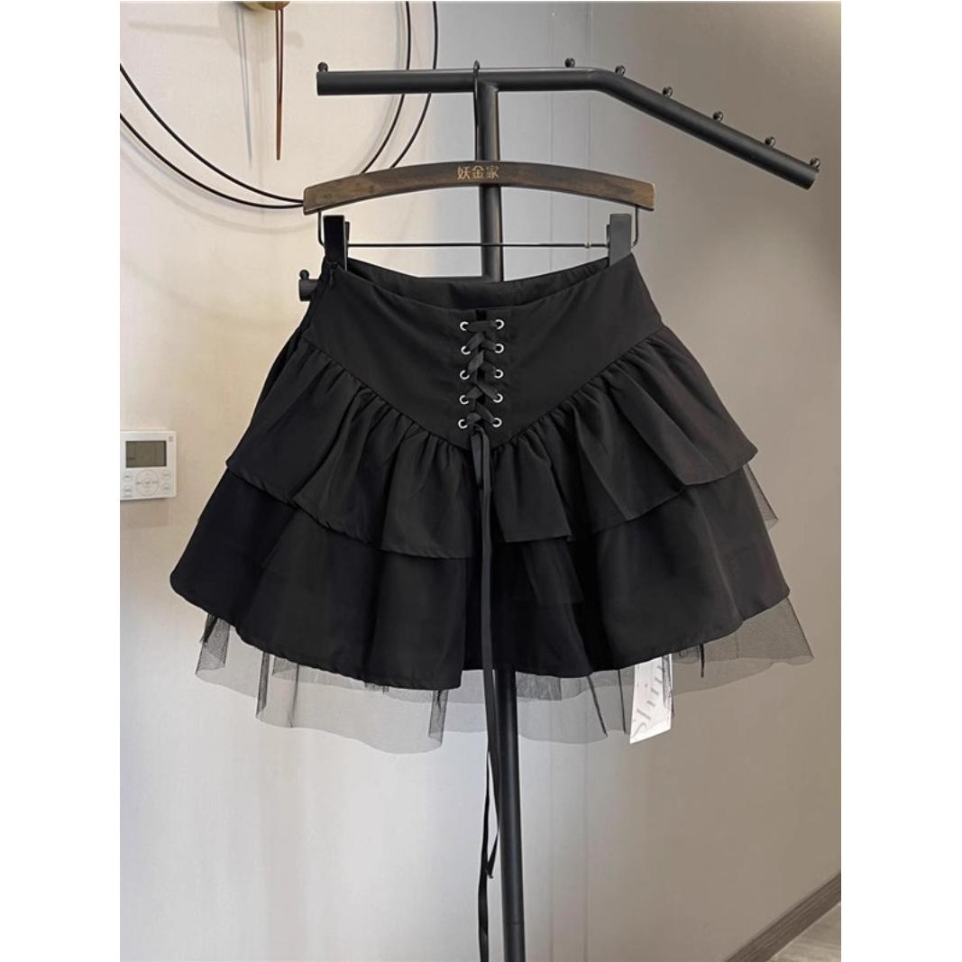 暗黑系网纱拼接秋季亚比风文化蓬蓬半身裙辣妹y2k系带显瘦蛋糕裙