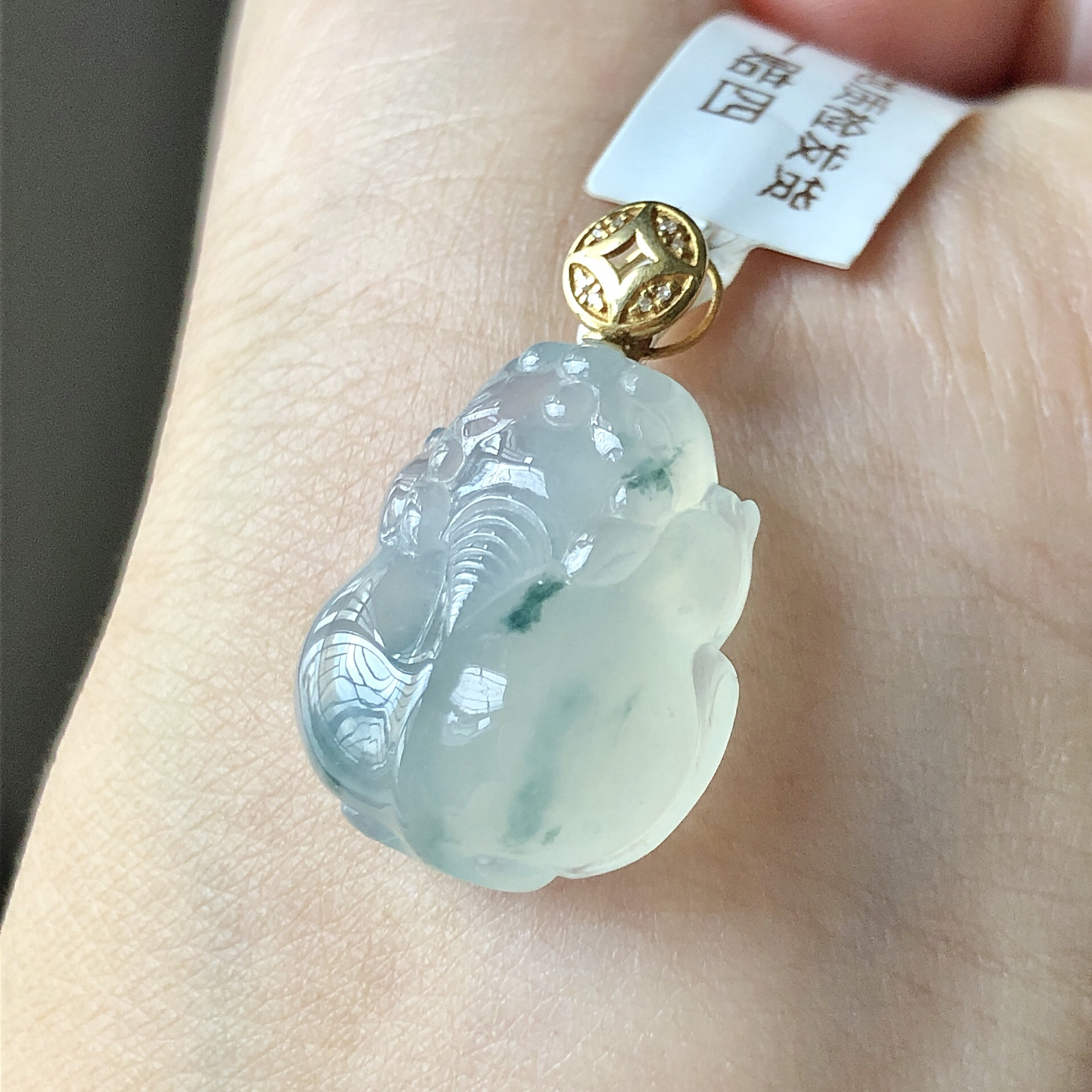 缅甸天然A货翡翠18k金镶嵌老坑冰种飘花貔貅吊坠尺寸26.8/16.7/8