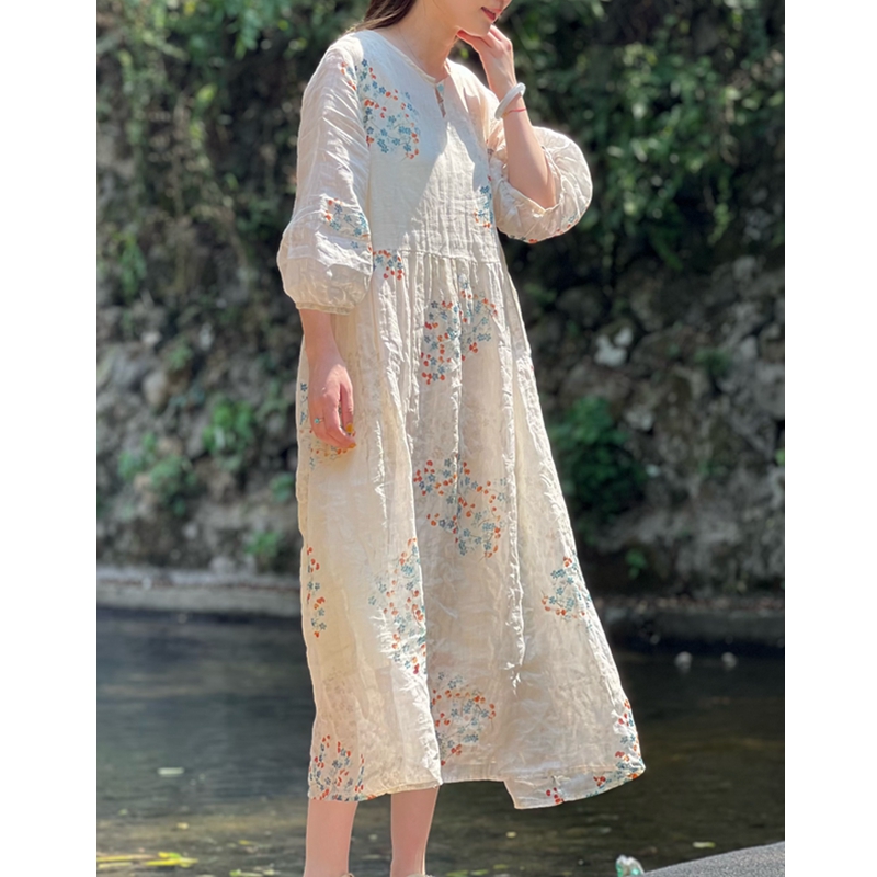 【星河】夏季原创印花苎麻宽松仙气飘逸连衣裙带收腰 51764