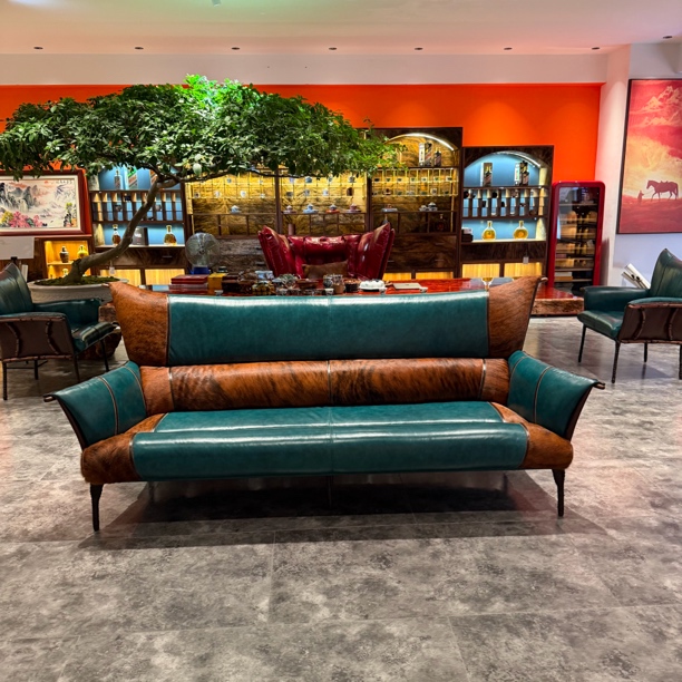 茶空间设计三人真皮毛客厅轻奢美式沙发会所别墅沙发头层牛皮jz