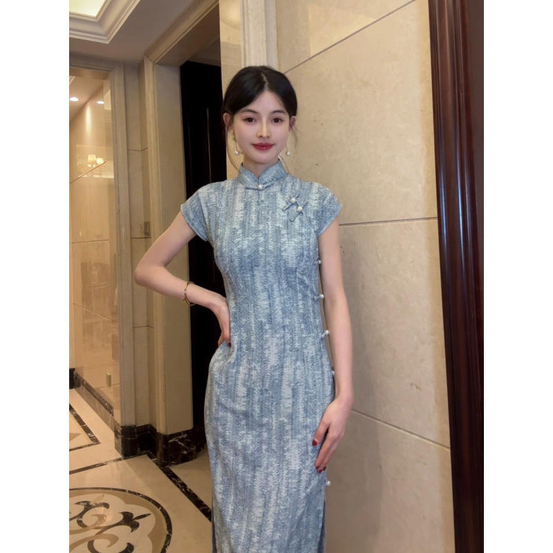 牛仔蓝123cm春夏新款蓝色全开襟古法短袖龄复古轻薄日常 旗袍