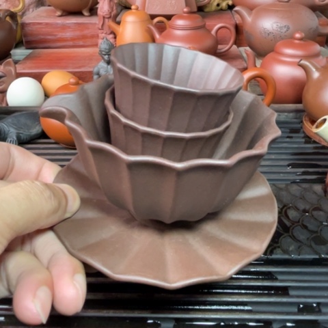 菱花盖碗五件套紫泥