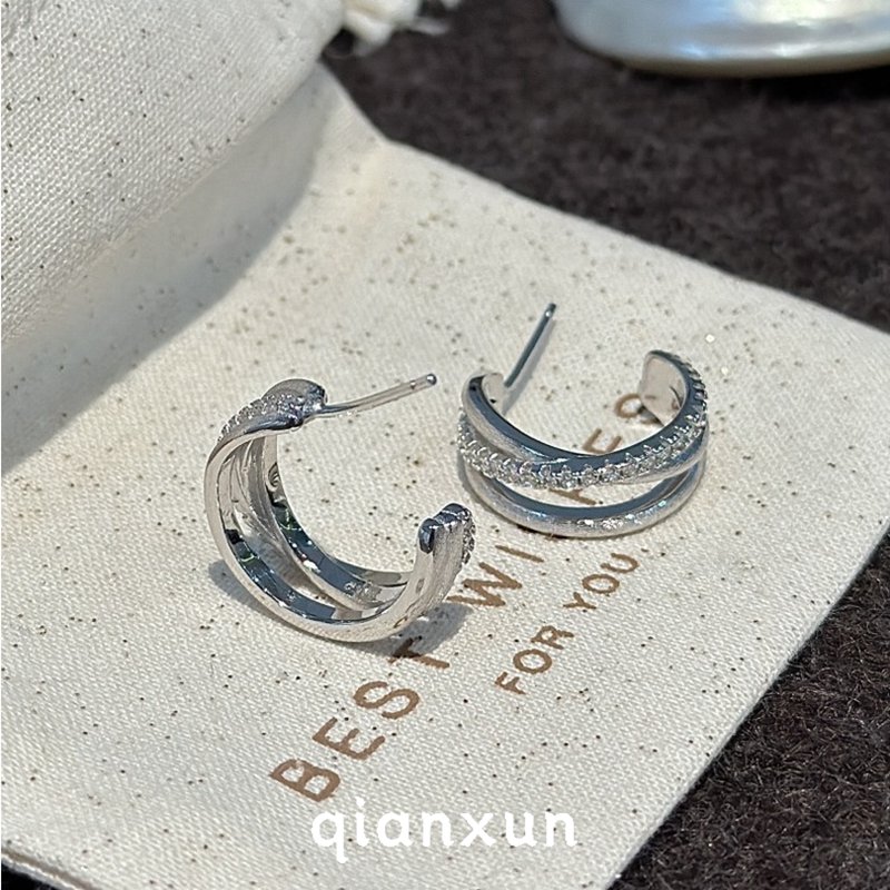 925银耳饰 小众设计感轻奢镶嵌中古风耳环戒指时尚个性交叉耳饰品