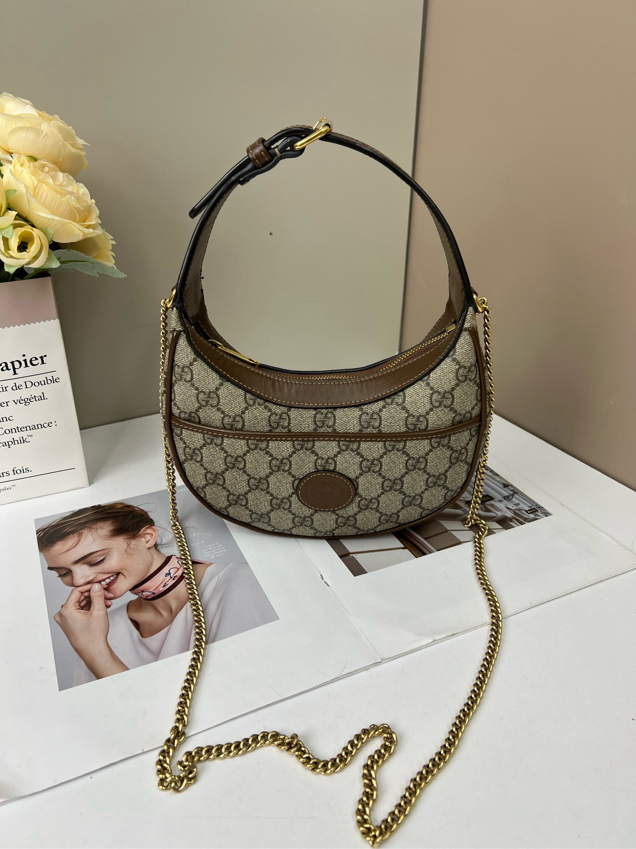 99新 GUCCI/古驰 乌木色帆布月亮包