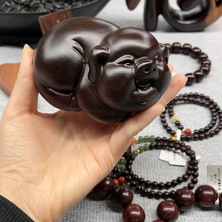 财***生黑檀木福气猪一对带礼盒