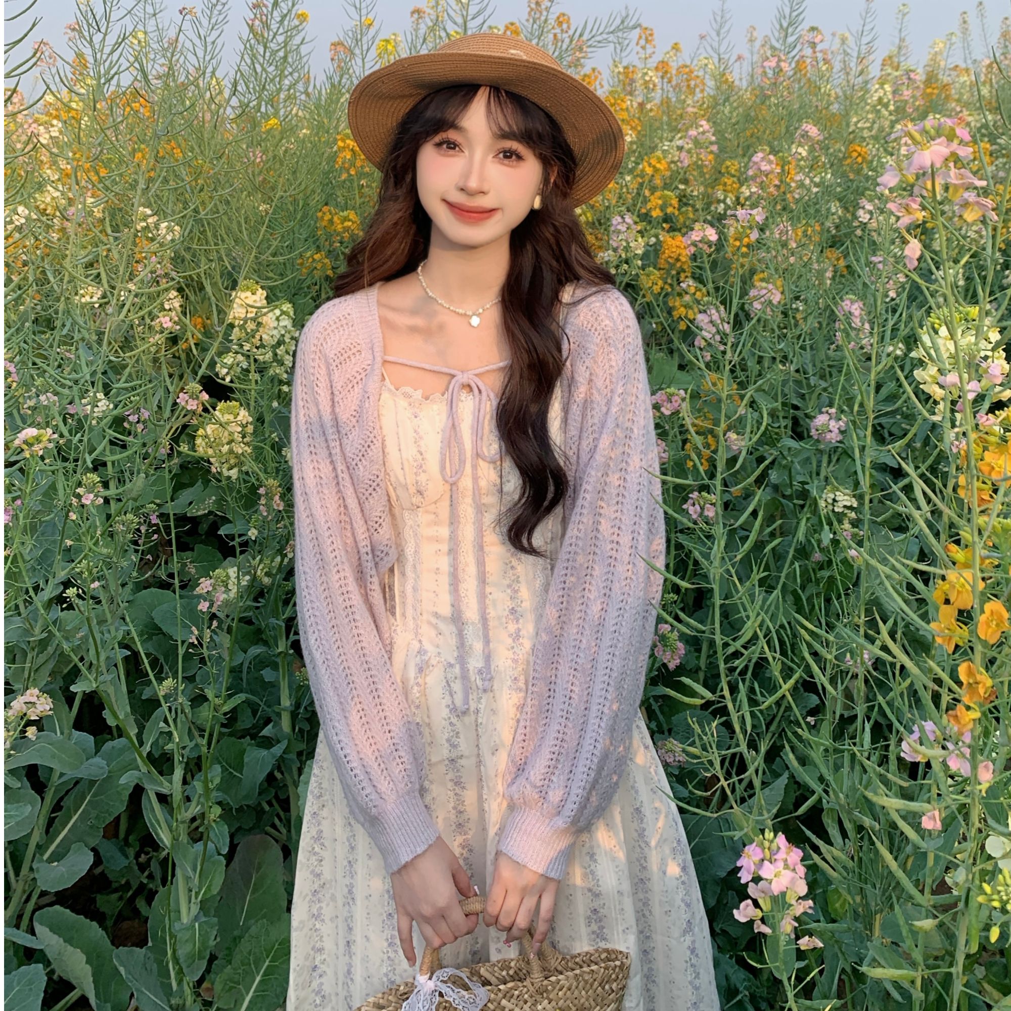 慕兔温柔风针织开衫碎花吊带裙套装女2025春新款法式连衣裙两件套